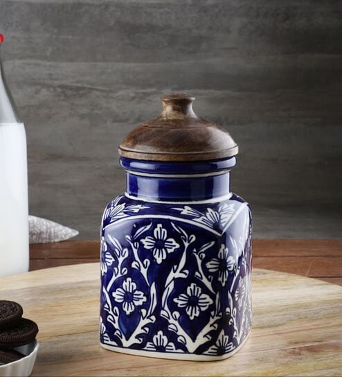 Hand Painted Blue Mughal Airtight Ceramic Jar with Wooden Lid - 1000 gms