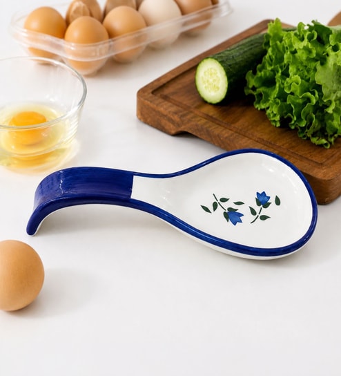 Blue Hand-Painted Ceramic Spoon Rest Blue