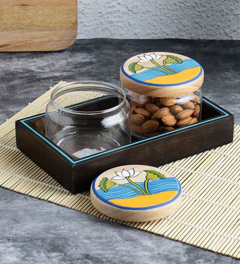 Hand Painted Pichwai Lotus Lids Round Glass Jars with Tray - Set of Two