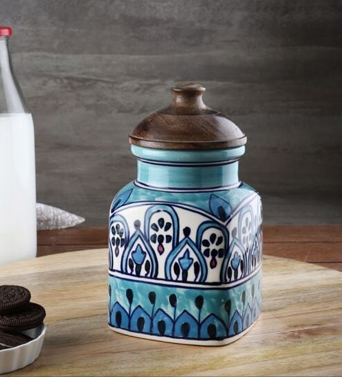 Hand Painted Sea Green Airtight Ceramic Jar with Wooden Lid - 1000 gms