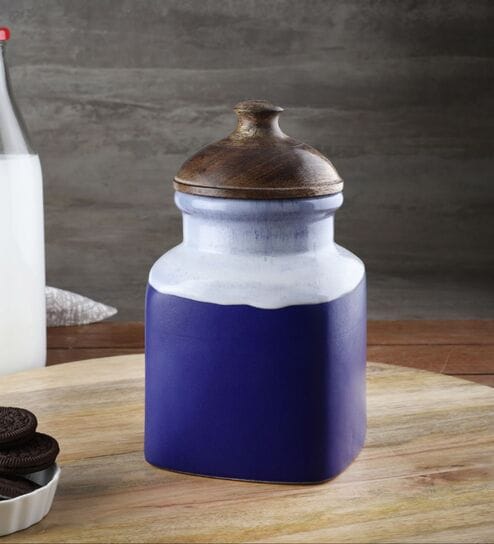 Hand Painted Studio Pottery Blue Airtight Ceramic Jar with Wooden Lid - 1000 gms
