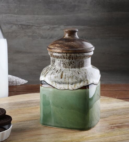 Hand Painted Studio Pottery Green Airtight Ceramic Jar with Wooden Lid - 1000 gms