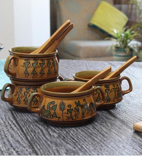 Albert 300ml Yellow (Set of 4) Ceramic Soup Bowl with Spoons