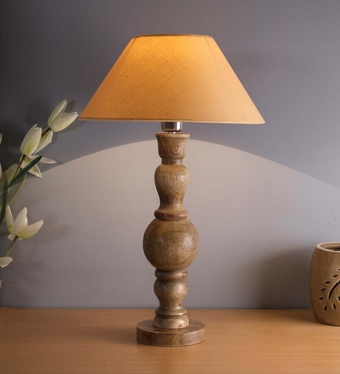 Hand Turned Wood Bubble Bedside Table Lamp, Blue Cone Shade