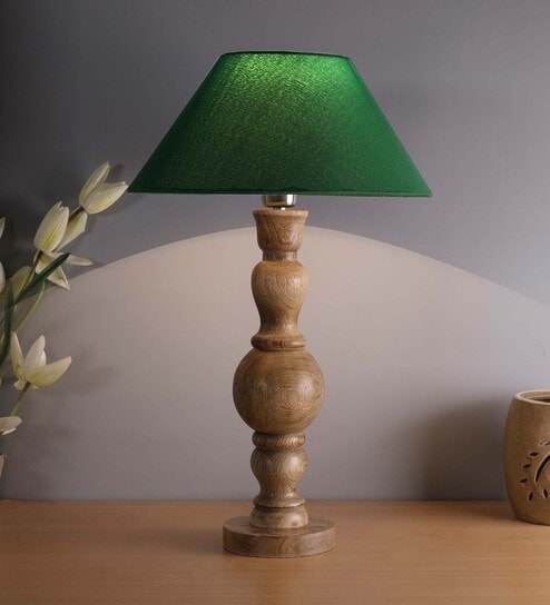 Hand Turned Wood Bubble Bedside Table Lamp, White Cone Shade