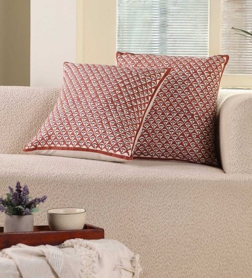 Set Of 4 Handblock Printed Cotton Geometric Pattern Maroon & Black 18X18 Inches Cushion Covers
