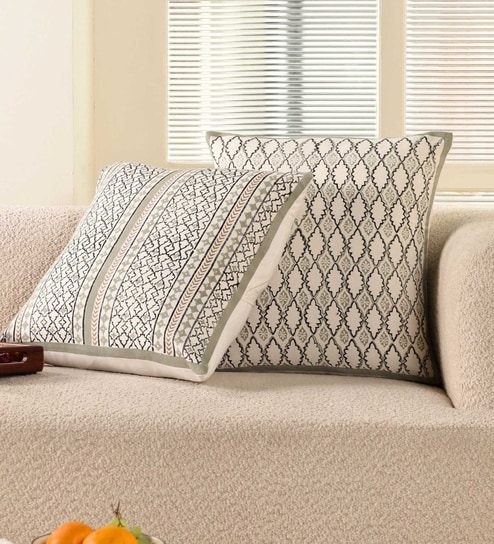 Handblock Printed Cotton Aqua Green and Off White  Geometric Pattern (18x18inches) Cushion Covers