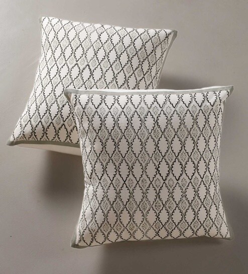 Handblock Printed Cotton Aqua Green and Off White Geometric Pattern Set of 3 (18x18inches) Cushion Covers-image-27