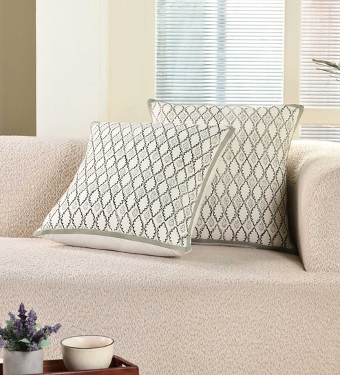 Handblock Printed Cotton Aqua Green and Off White Geometric Pattern Set of 3 (18x18inches) Cushion Covers