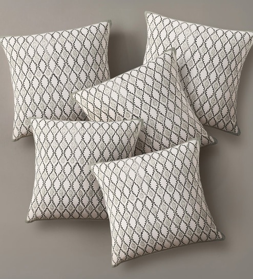 Handblock Printed Cotton Aqua Green and Off White Geometric Pattern Set of 5 (18x18inches) Cushion Covers-image-26