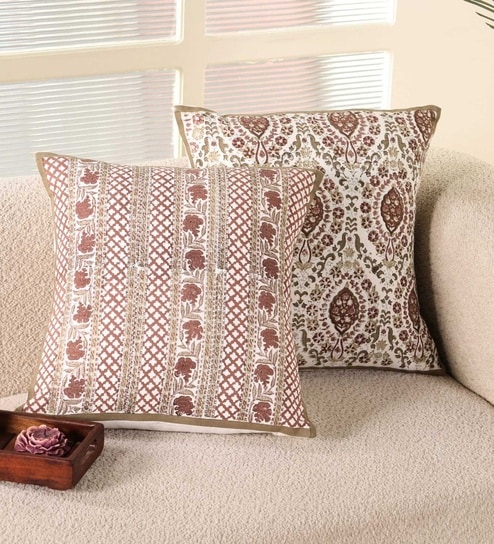 Handblock Printed Cotton Ivory and Rust Floral Pattern (18x18inches) Cushion Covers