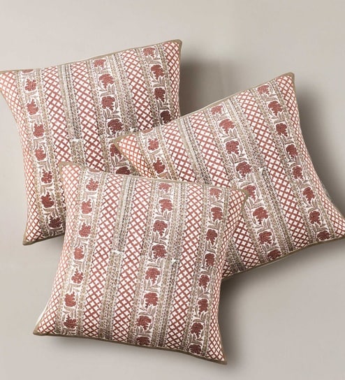 Handblock Printed Cotton Ivory and Rust Floral Pattern Set of 3 (18x18inches) Cushion Covers-image-16