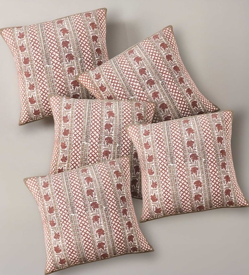 Handblock Printed Cotton Ivory and Rust Floral Pattern Set of 5 (18x18inches) Cushion Covers-image-15