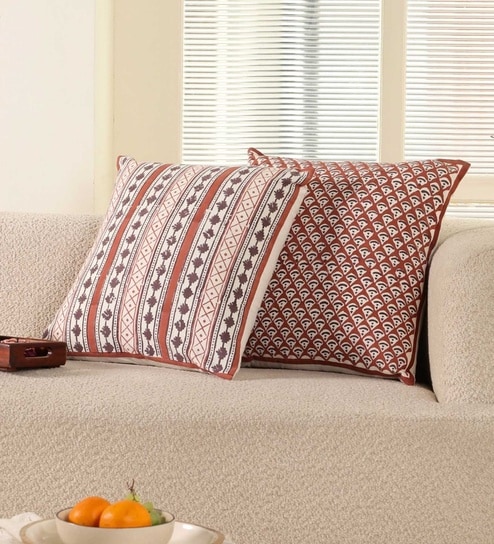 Handblock Printed Cotton Unique Maroon and Black Pattern (18x18inches) Cushion Covers