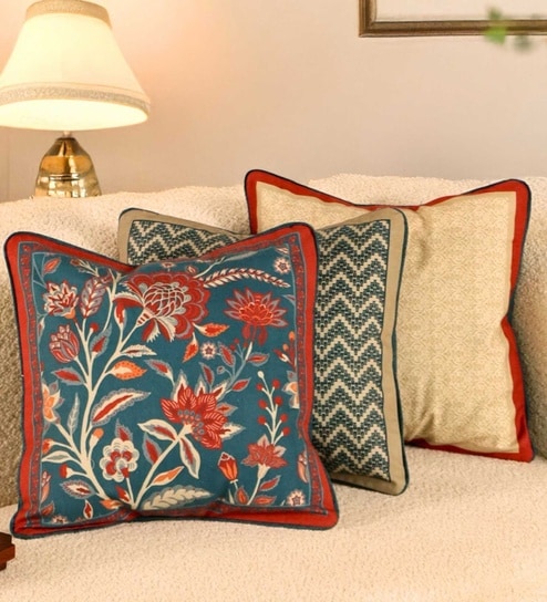 Handblock printed Pure Cotton Ivory Maroon and Navy Blue Set of 3 (16x16inches) Cushion Cover
