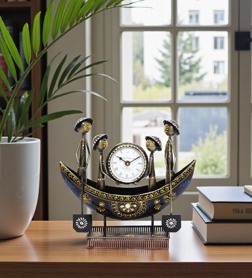 Handcrafted Boat-Shaped Metal Clock Tribal Figurine Ethnic Desk Organizer