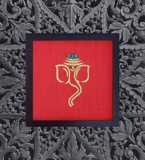 Red Handcrafted Lord Gajanand Gold-Plated Jardoshi Embroidery Wall Art