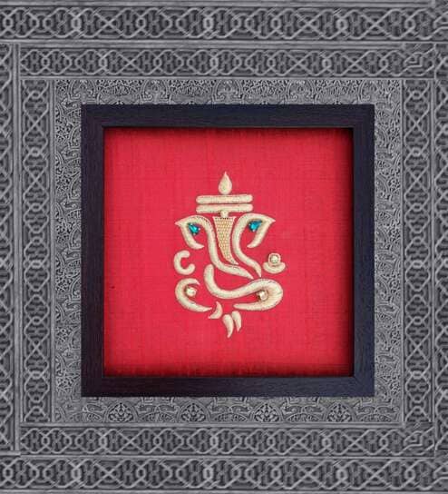 Red Handcrafted Lord Ganpathi Gold-Plated Jardoshi Embroidery Wall Art