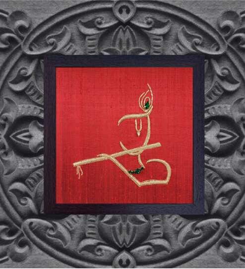 Red Handcrafted Lord Krishna Gold-Plated Jardoshi Embroidery Wall Art