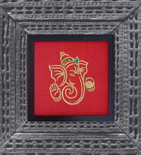 Red Handcrafted Lord Vinayaka Gold-Plated Jardoshi Embroidery Wall Art