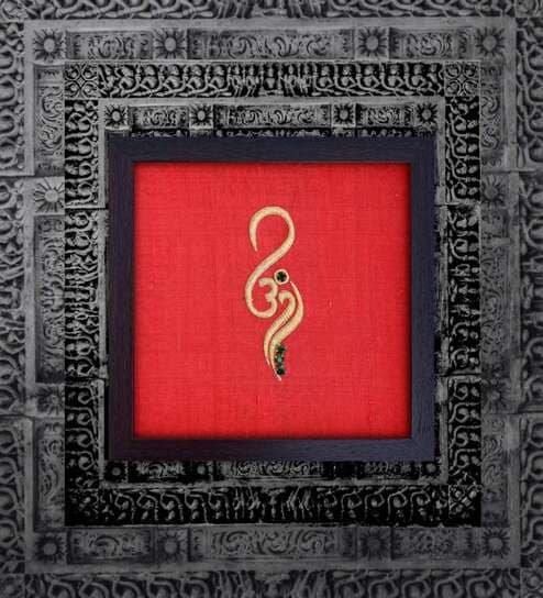 Red Handcrafted Om Gold-Plated Jardoshi Embroidery Wall Art