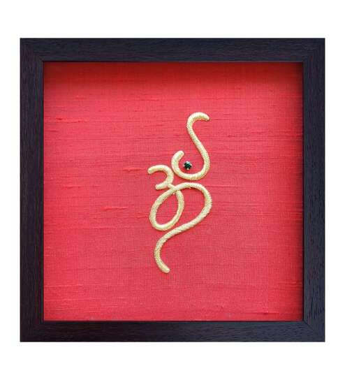 Red Handcrafted Omkar Gold-Plated Jardoshi Embroidery Wall Art
