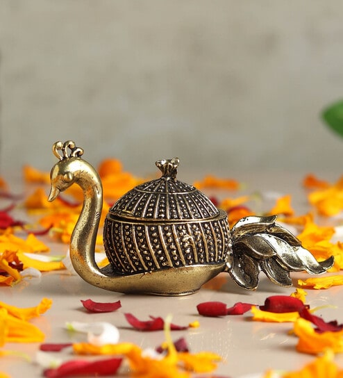 Golden Handcrafted Brass Peacock Shaped Sindoor Dani