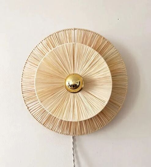 Handcrafted Rattan Wall Sconce with Golden Accent (Beige)