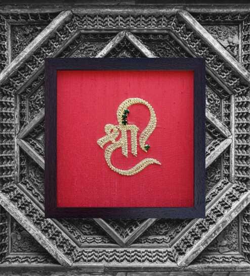 Red Handcrafted Shree Gold-Plated Jardoshi Embroidery Wall Art