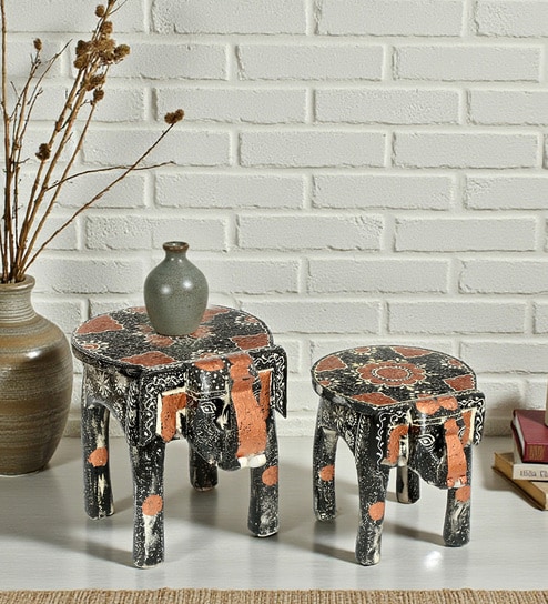 Grey Handcrafted Wooden Elephant Chowkie Set of 2