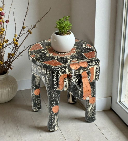 Grey Handcrafted Wooden Elephant Chowkie
