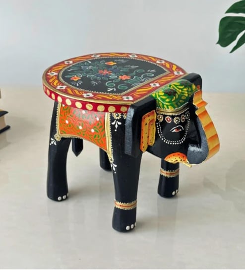 Orange Handcrafted Wooden Elephant Chowkie