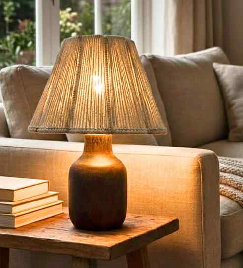 Handcrafted Wooden Table Lamp with Jute Shade for Bedroom
