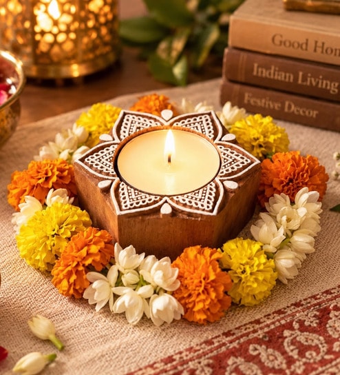 Handcrafted Wooden Tealight Candle Holder with Mandala Lotus Design