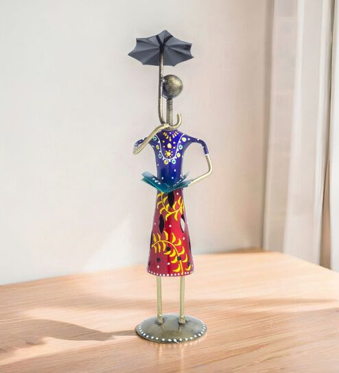 Handcrafted Wrought Iron Lady with Umbrella Multicolour Figurine