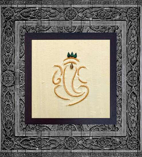 Yellow Yellow Handcrafted Lord Siddhivinayak Gold-Plated Jardoshi Embroidery Wall Art