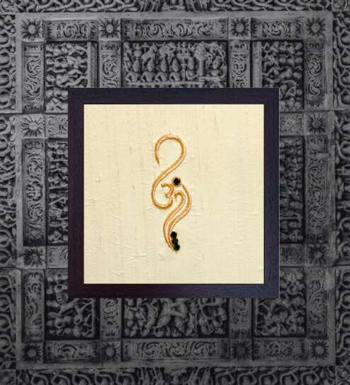 Yellow Handcrafted Om Gold-Plated Jardoshi Embroidery Wall Art