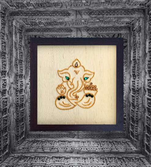 Yellow Handcrafted Lord Vigneshwara Gold-Plated Jardoshi Embroidery Wall Art