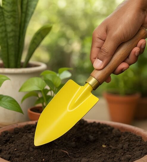 Yellow Gardening Hand Trowel With Ergonomic Wooden