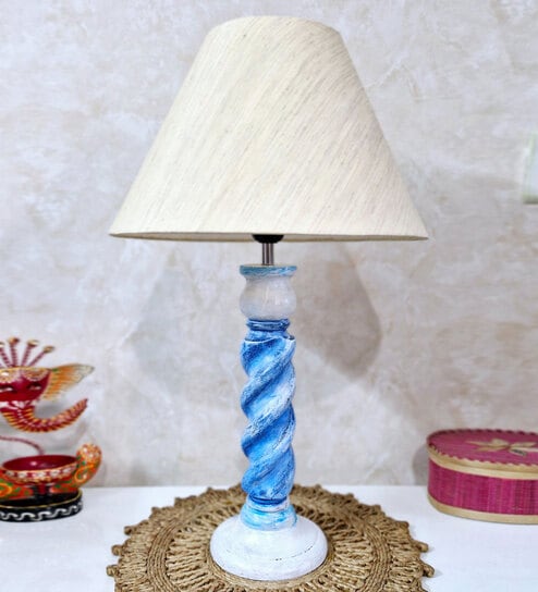 disoo fashions Handmade & Handpainted Blue& white Rope shape Wooden Table lamp with Cotton Beige shade-picture-28