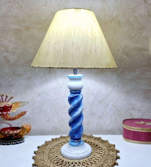 Handmade & Handpainted Blue& white Rope shape Wooden Table lamp with Cotton Beige shade
