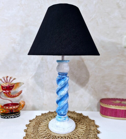 disoo fashions Handmade & Handpainted Blue& white Rope shape Wooden Table lamp with Cotton Black shade-picture-25