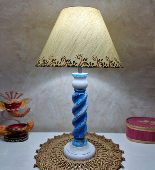 Handmade & Handpainted Blue& white Rope shape Wooden Table lamp with Hanpainted border on Cotton Beige shade