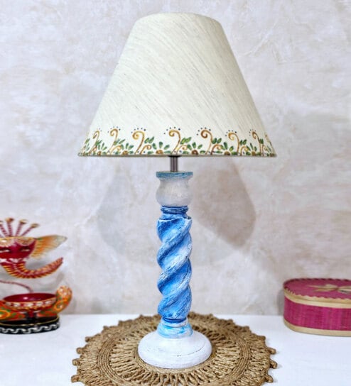 disoo fashions Handmade & Handpainted Blue& white Rope shape Wooden Table lamp with Hanpainted border on Cotton Beige shade-picture-27