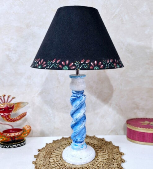 disoo fashions Handmade & Handpainted Blue& white Rope shape Wooden Table lamp with Hanpainted border on Cotton Black shade-picture-24