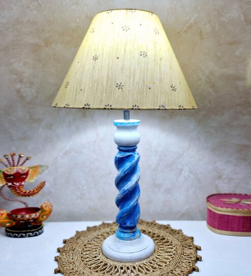 Handmade & Handpainted Blue& white Rope shape Wooden Table lamp with Hanpainted Floral design on Cotton Beige shade