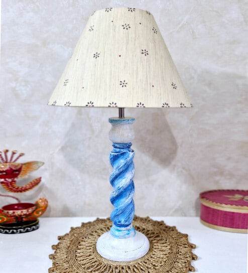 disoo fashions Handmade & Handpainted Blue& white Rope shape Wooden Table lamp with Hanpainted Floral design on Cotton Beige shade-picture-26