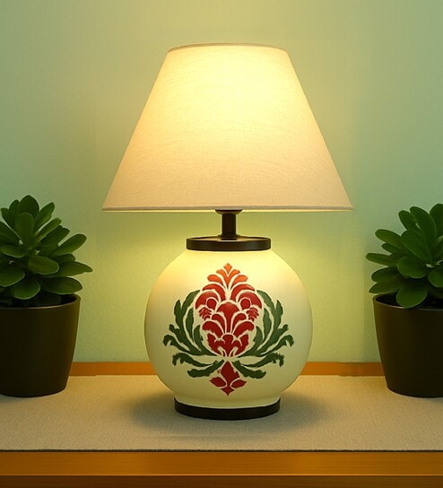 Handmade & handpainted Silver colour Wooden matka lamp with Cotton Beige shade