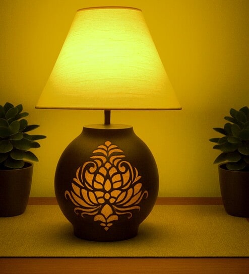 Handmade & handpainted Silver colour Wooden matka lamp with Cotton Black shade