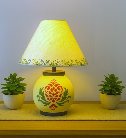 Handmade & handpainted Silver colour Wooden matka lamp with Handpainted Border on Cotton Beige shade